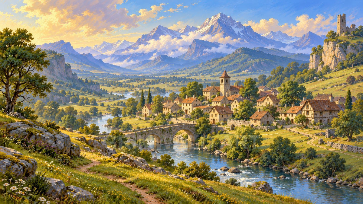 Sunlit medieval-style village beside a clear river, stone arch bridge and church tower, rolling green valley with snowy mountains and golden clouds.