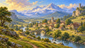 GRID THUMBNAIL — Sunlit medieval-style village beside a clear river, stone arch bridge and church tower, rolling green valley with snowy mountains and golden clouds.