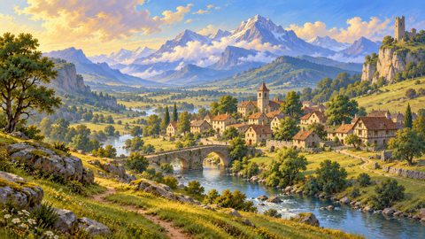GRID THUMBNAIL — Sunlit medieval-style village beside a clear river, stone arch bridge and church tower, rolling green valley with snowy mountains and golden clouds.