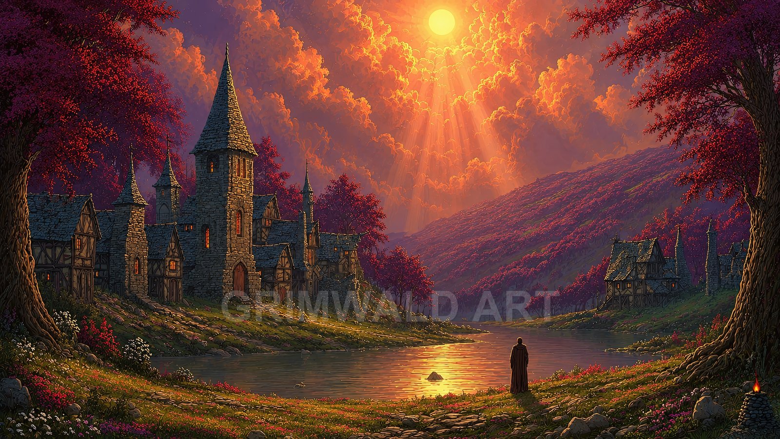 A medieval-style riverside village with stone towers and timber cottages glows under a golden sun, crimson trees and rolling hills, a lone cloaked figure watching.