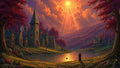 GRID THUMBNAIL — A medieval-style riverside village with stone towers and timber cottages glows under a golden sun, crimson trees and rolling hills, a lone cloaked figure watching.