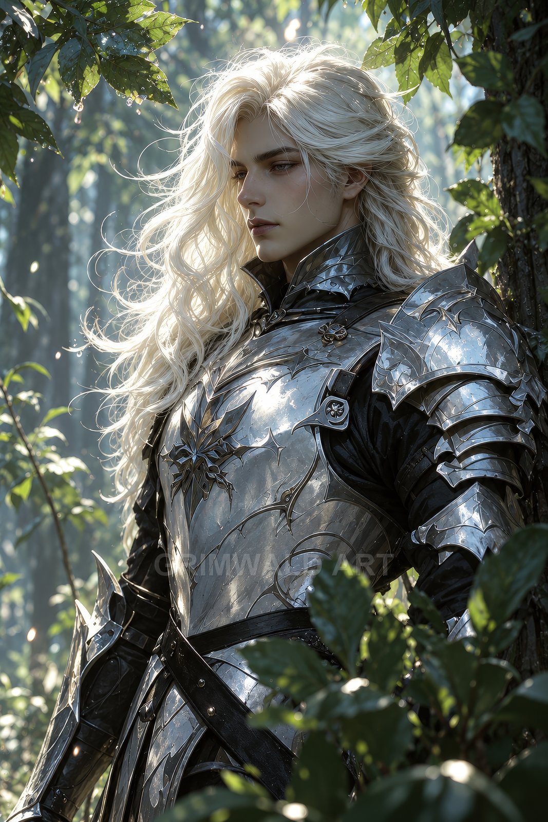 Androgynous knight with long platinum hair wearing ornate silver plate armour stands amid dewy forest leaves, golden hour light glinting off metal and foliage.