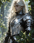 GRID THUMBNAIL — Androgynous knight with long platinum hair wearing ornate silver plate armour stands amid dewy forest leaves, golden hour light glinting off metal and foliage.