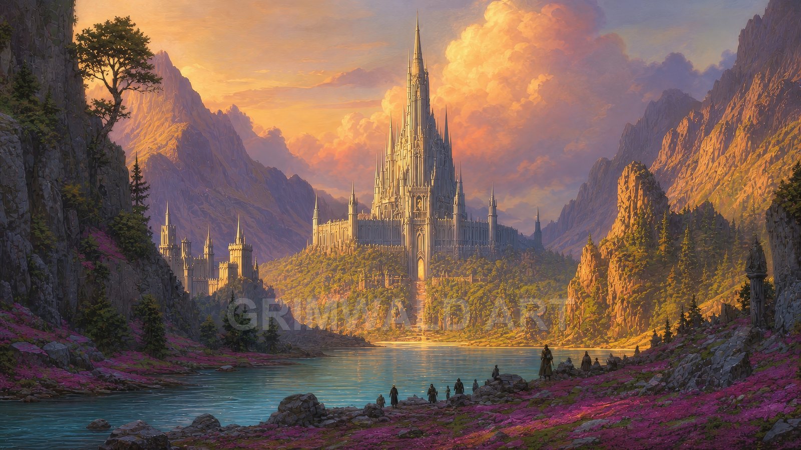 Grand spired castle glowing at golden hour amid rugged mountains and a tranquil lake, with tiny robed travellers standing on the rocky shoreline.
