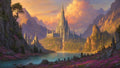 GRID THUMBNAIL — Grand spired castle glowing at golden hour amid rugged mountains and a tranquil lake, with tiny robed travellers standing on the rocky shoreline.
