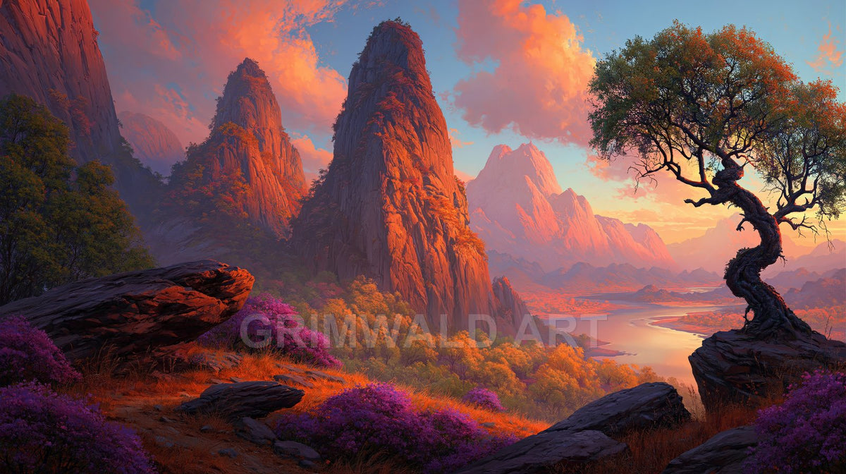 A retro fantasy landscape of towering sunlit mountain spires, a winding river valley, glowing clouds, and a lone gnarled tree with purple wildflowers.