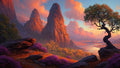 GRID THUMBNAIL — A retro fantasy landscape of towering sunlit mountain spires, a winding river valley, glowing clouds, and a lone gnarled tree with purple wildflowers.