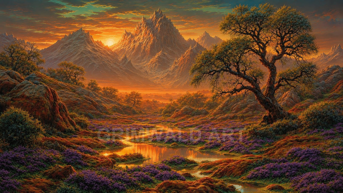Fantasy valley carpeted with purple wildflowers and winding reflective streams beneath jagged sunset mountains, framed by a solitary gnarled tree.