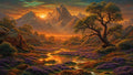 GRID THUMBNAIL — Fantasy valley carpeted with purple wildflowers and winding reflective streams beneath jagged sunset mountains, framed by a solitary gnarled tree.