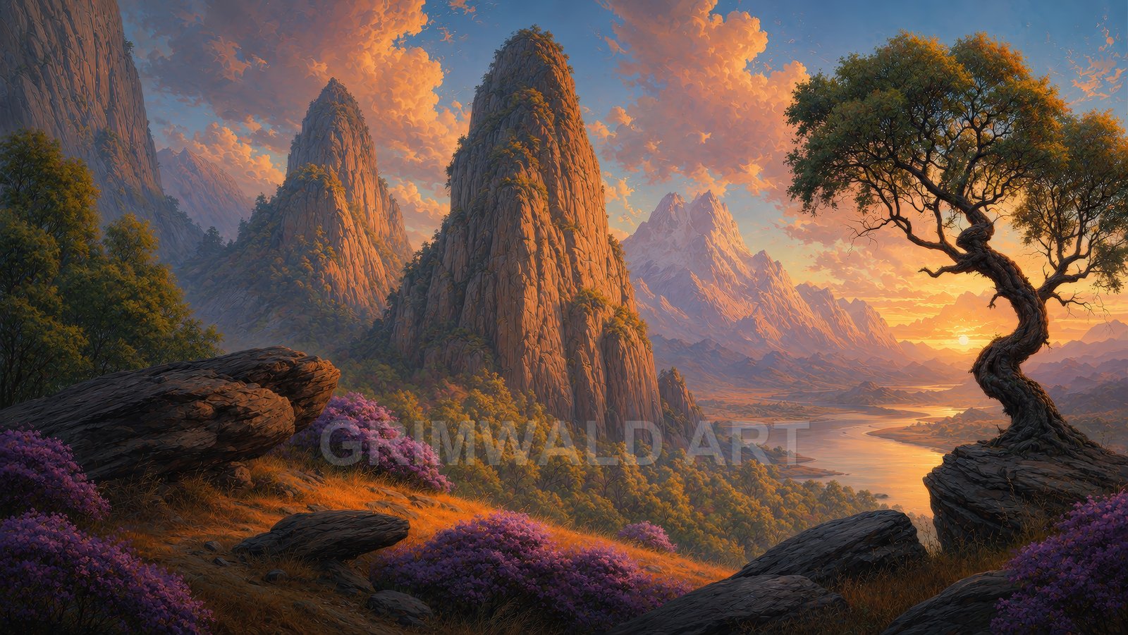 Golden-hour fantasy landscape with towering rocky spires, winding river, dramatic clouds, gnarled tree and purple wildflowers across sunlit mountain slopes.