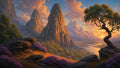 GRID THUMBNAIL — Golden-hour fantasy landscape with towering rocky spires, winding river, dramatic clouds, gnarled tree and purple wildflowers across sunlit mountain slopes.