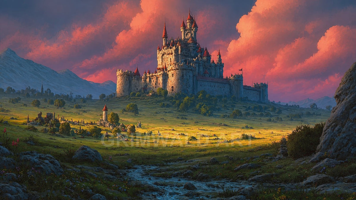 Vast stone castle on a hill overlooks a sunlit valley with a winding stream, pink-orange sunset clouds, and distant blue mountains.