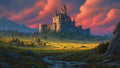 GRID THUMBNAIL — Vast stone castle on a hill overlooks a sunlit valley with a winding stream, pink-orange sunset clouds, and distant blue mountains.