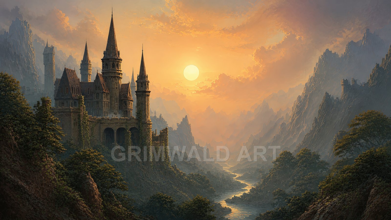 Ivy-clad stone castle with spired towers overlooks a winding river through steep, misty mountains under a glowing golden sunset sky.