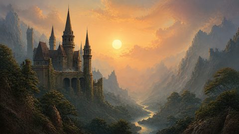 GRID THUMBNAIL — Ivy-clad stone castle with spired towers overlooks a winding river through steep, misty mountains under a glowing golden sunset sky.