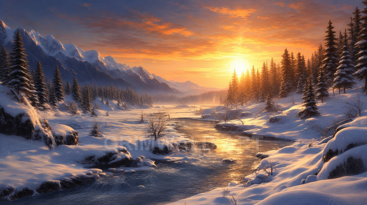 Golden winter sunset over a winding river through snowy pines and rocks, with distant mountains and glowing clouds across a tranquil valley.