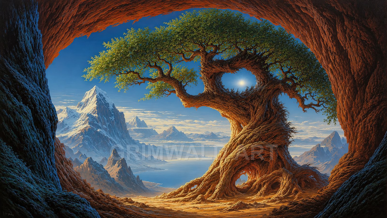 A colossal, twisted tree at a cave entrance frames the sun, overlooking a serene blue lake and distant snow-capped mountains under a clear sky.
