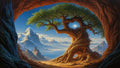 GRID THUMBNAIL — A colossal, twisted tree at a cave entrance frames the sun, overlooking a serene blue lake and distant snow-capped mountains under a clear sky.
