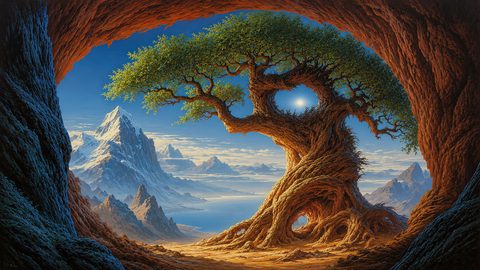 GRID THUMBNAIL — A colossal, twisted tree at a cave entrance frames the sun, overlooking a serene blue lake and distant snow-capped mountains under a clear sky.