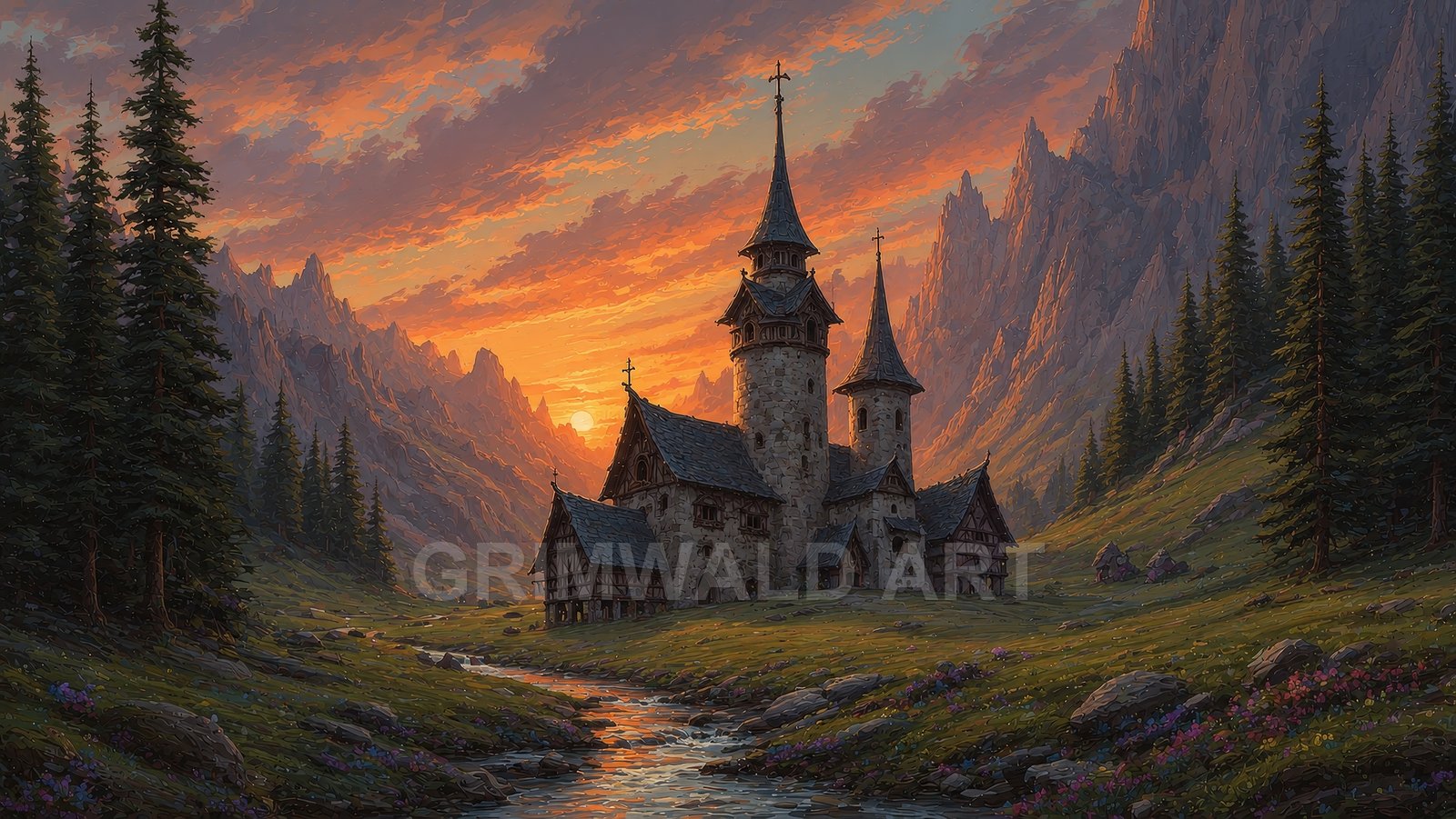 Stone church with tall spires in a pine-lined mountain valley at sunset, beside a reflective stream under glowing orange clouds.