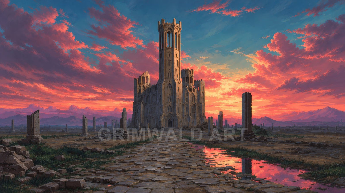A cobbled path leads to a tall, towered castle amid scattered ruins, reflected in puddles beneath dramatic pink-orange sunset clouds.