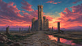 GRID THUMBNAIL — A cobbled path leads to a tall, towered castle amid scattered ruins, reflected in puddles beneath dramatic pink-orange sunset clouds.