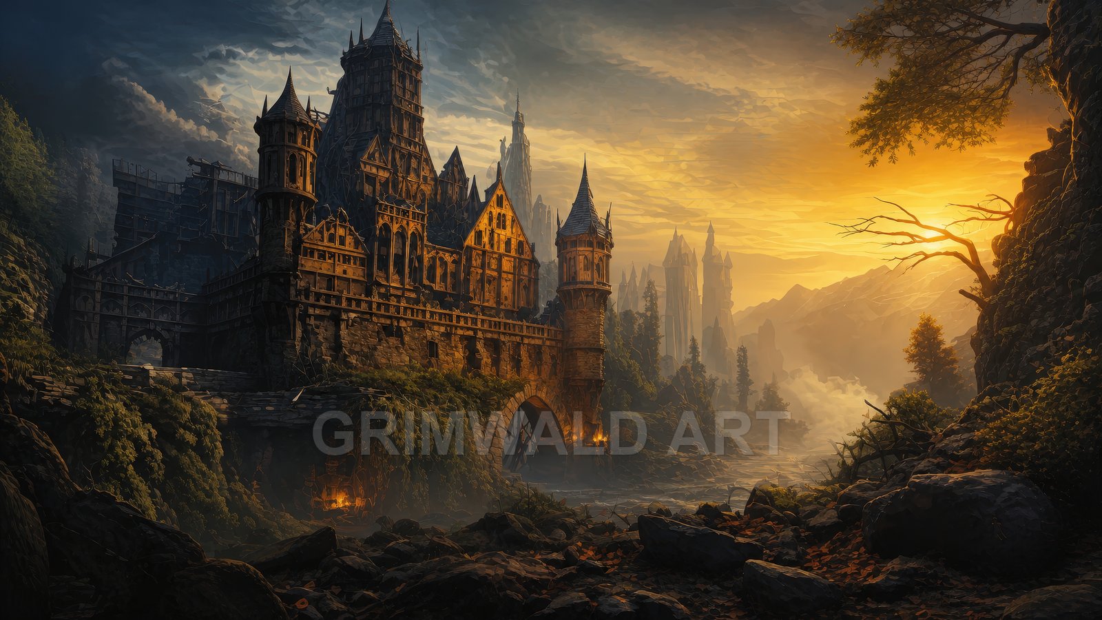 Grand gothic castle above a river bridge at sunset, with misty valley, distant spires and rugged rocks under dramatic golden clouds.