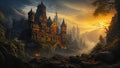 GRID THUMBNAIL — Grand gothic castle above a river bridge at sunset, with misty valley, distant spires and rugged rocks under dramatic golden clouds.