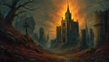 GRID THUMBNAIL — Gothic stone cathedral glows with fiery sunset behind, surrounded by crumbling towers, red-leafed ground, and a twisted tree with a lone grave cross.