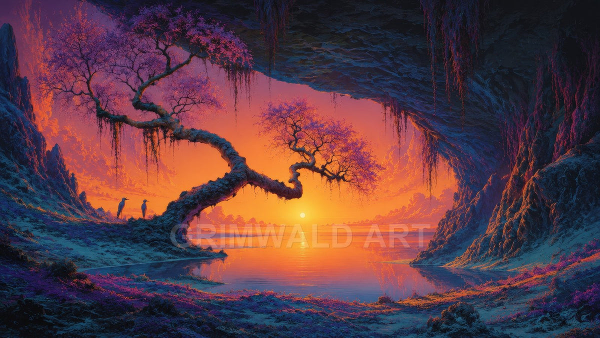 A fantasy cave mouth framing a glowing sunset over a still lake, with a gnarled flowering tree and two herons.