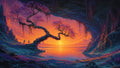 GRID THUMBNAIL — A fantasy cave mouth framing a glowing sunset over a still lake, with a gnarled flowering tree and two herons.