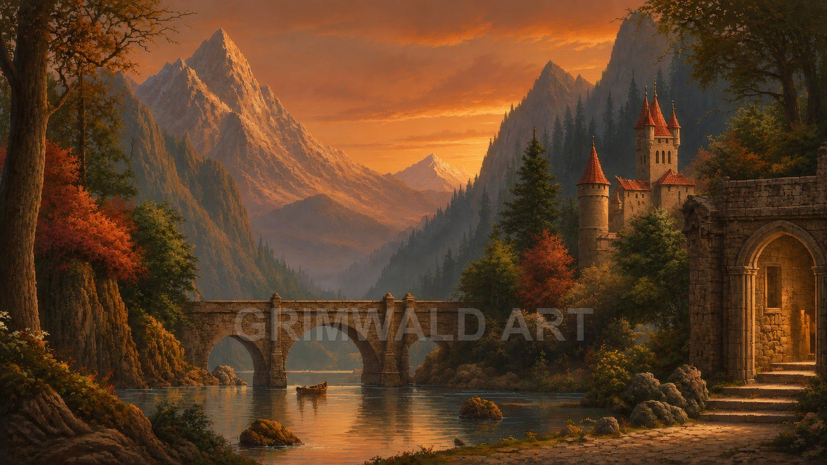 A warm sunset over a mountain valley with a stone bridge, calm river, red-roofed castle towers, autumn trees and a small rowboat.