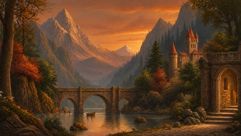 GRID THUMBNAIL — A warm sunset over a mountain valley with a stone bridge, calm river, red-roofed castle towers, autumn trees and a small rowboat.