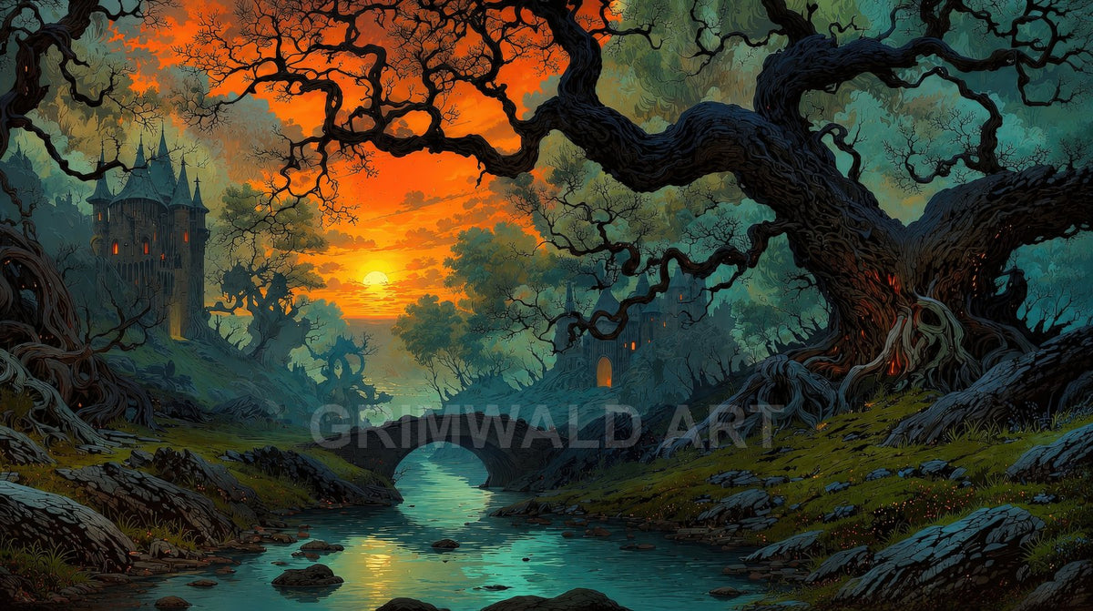 A stone arch bridge spans a reflective river beneath twisted ancient trees, distant castles lit with orange windows under a vivid sunset sky.