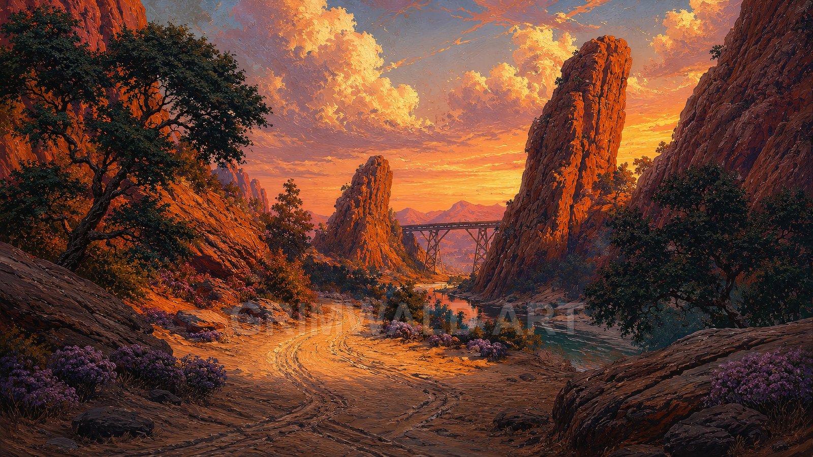Sunset light bathes a rocky canyon with towering spires, a winding dirt track, purple shrubs, a reflective river, and a slender trestle bridge.