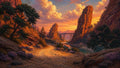 GRID THUMBNAIL — Sunset light bathes a rocky canyon with towering spires, a winding dirt track, purple shrubs, a reflective river, and a slender trestle bridge.