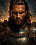 GRID THUMBNAIL — Close-up portrait of a stern male knight in ornate blue-gold armour with braided hair, backlit by a fiery sunset sky.