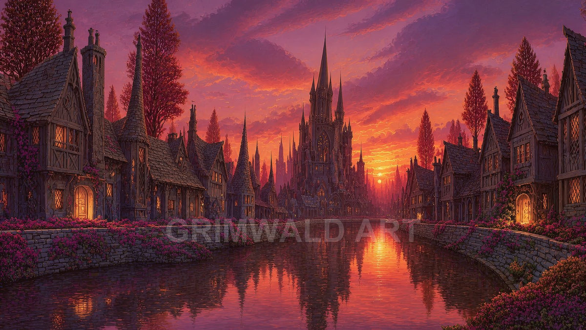 Fantasy canal town at sunset with timber-framed houses, flowering stone embankments, and a towering spired cathedral reflected in calm orange water.
