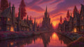 GRID THUMBNAIL — Fantasy canal town at sunset with timber-framed houses, flowering stone embankments, and a towering spired cathedral reflected in calm orange water.