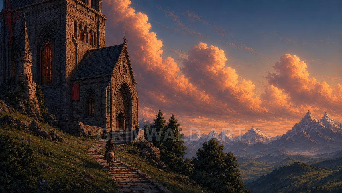 Gothic stone cathedral on a hillside with a lone rider on horseback, glowing windows, and orange sunset clouds over distant snow-capped mountains.