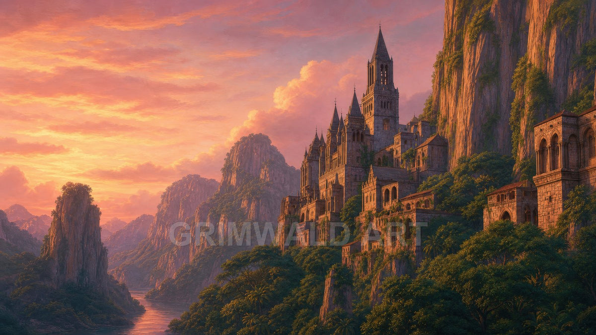 A grand stone citadel clings to lush mountain cliffs above a winding river, glowing under a pink sunset sky with layered peaks beyond.