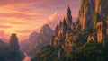 GRID THUMBNAIL — A grand stone citadel clings to lush mountain cliffs above a winding river, glowing under a pink sunset sky with layered peaks beyond.