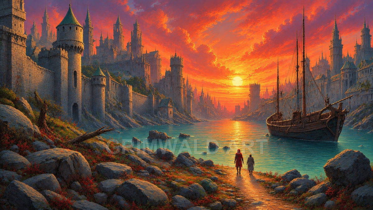 Sunset over a fortified fantasy city along a river, with a moored wooden ship and two figures walking a rocky shoreline path.