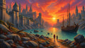 GRID THUMBNAIL — Sunset over a fortified fantasy city along a river, with a moored wooden ship and two figures walking a rocky shoreline path.