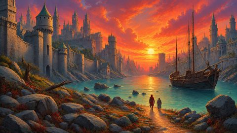 GRID THUMBNAIL — Sunset over a fortified fantasy city along a river, with a moored wooden ship and two figures walking a rocky shoreline path.
