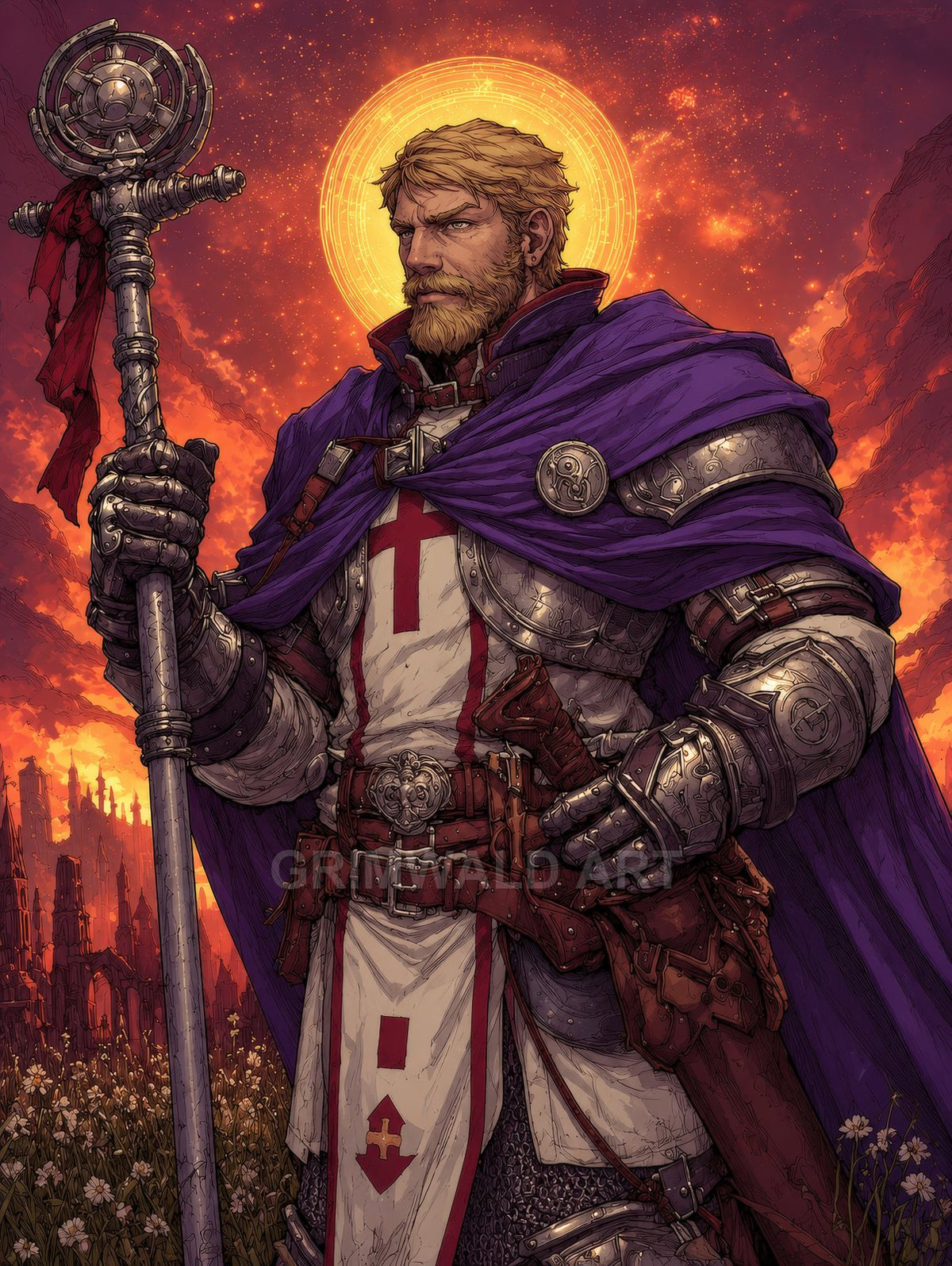 Armoured paladin with purple cloak and glowing halo holds an ornate staff before a fiery sunset sky and ruined spires, wildflowers at his feet.
