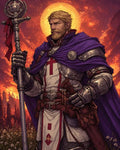 GRID THUMBNAIL — Armoured paladin with purple cloak and glowing halo holds an ornate staff before a fiery sunset sky and ruined spires, wildflowers at his feet.