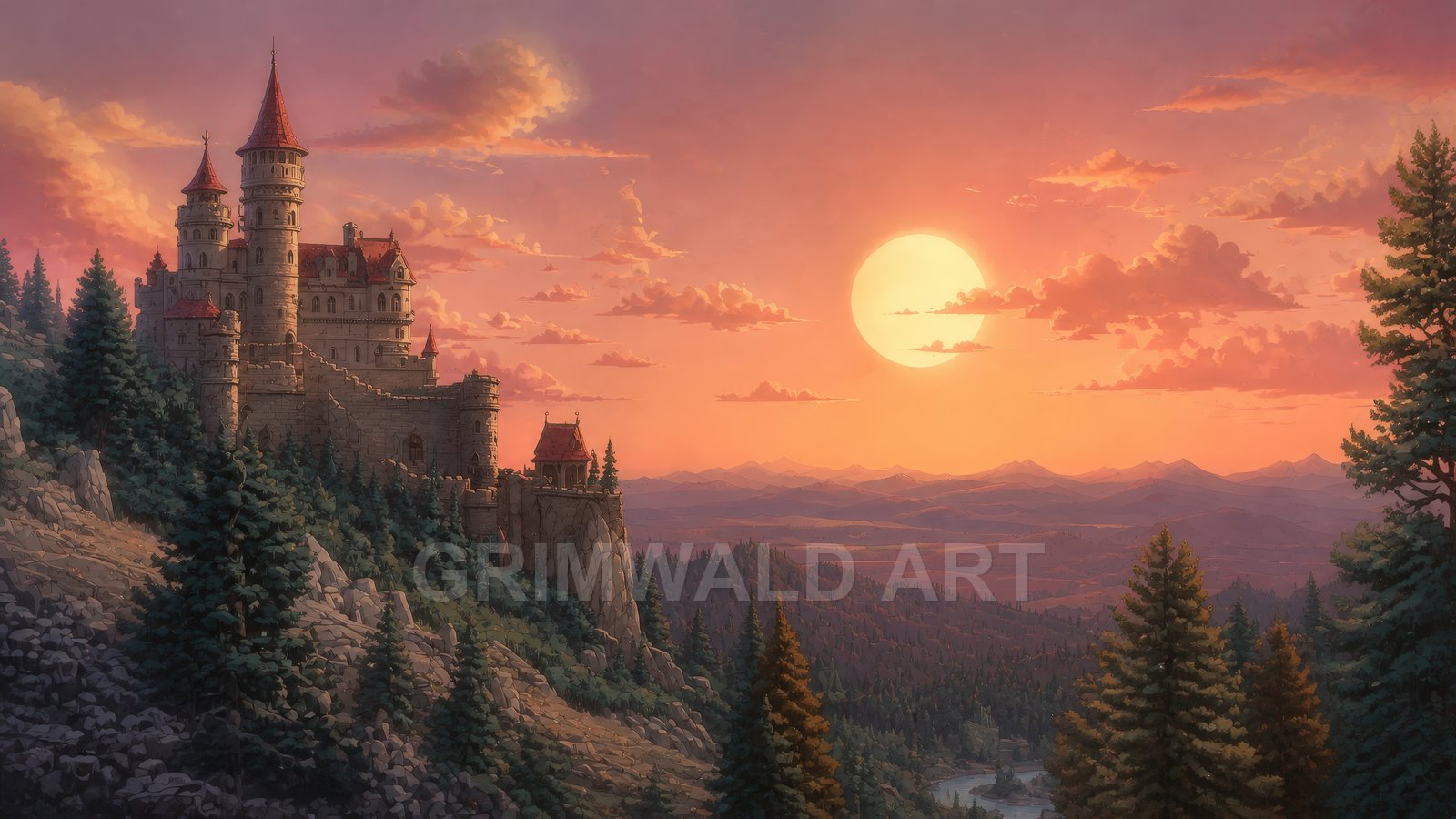 A stone castle with red roofs crowns a rocky, pine-covered hillside, overlooking a vast valley and river beneath a glowing orange sunset sky.