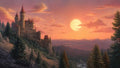 GRID THUMBNAIL — A stone castle with red roofs crowns a rocky, pine-covered hillside, overlooking a vast valley and river beneath a glowing orange sunset sky.