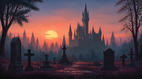 GRID THUMBNAIL — Gothic castle rising behind a forest at sunset, viewed from a misty graveyard with weathered stone crosses and trees in silhouette.